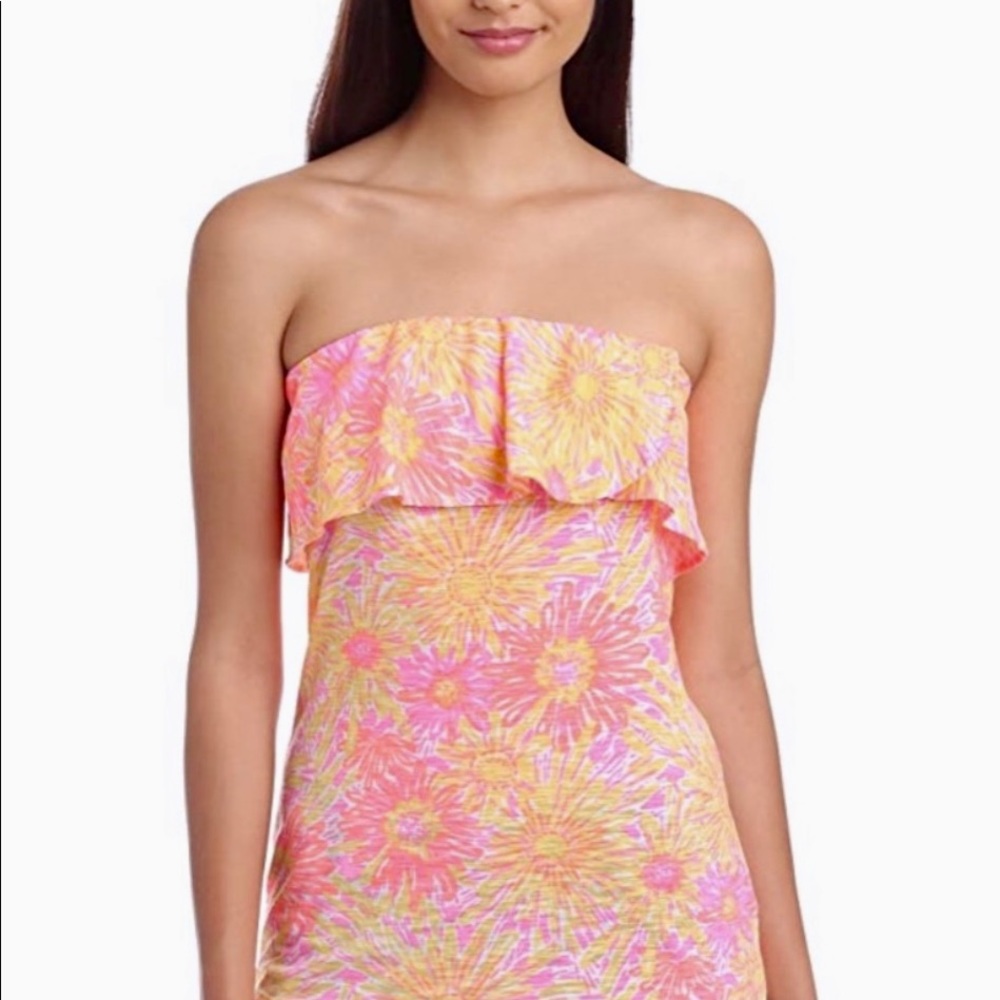 LILY PULITZER Resort Sunkissed Tube Top Size S Pink & Yellow Ruffled Floral